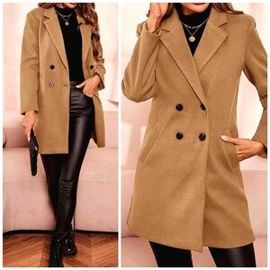 New Chic Double Breasted Mid Length Pea Coat Jacket Camel Khaki Tan